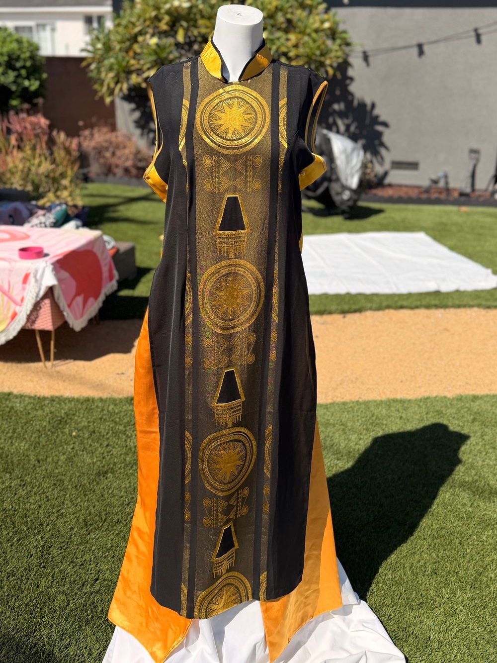 Black & Yellow Sleeveless Midi Dress with Gold Pants